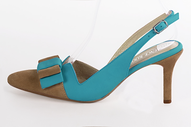 Caramel brown and turquoise blue women's open back shoes, with a knot. Tapered toe. High slim heel. Profile view - Florence KOOIJMAN